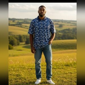 Amazon Essentials Blue Fish Golf Polo With Navy Collar Quick Dry NWT Size XXL